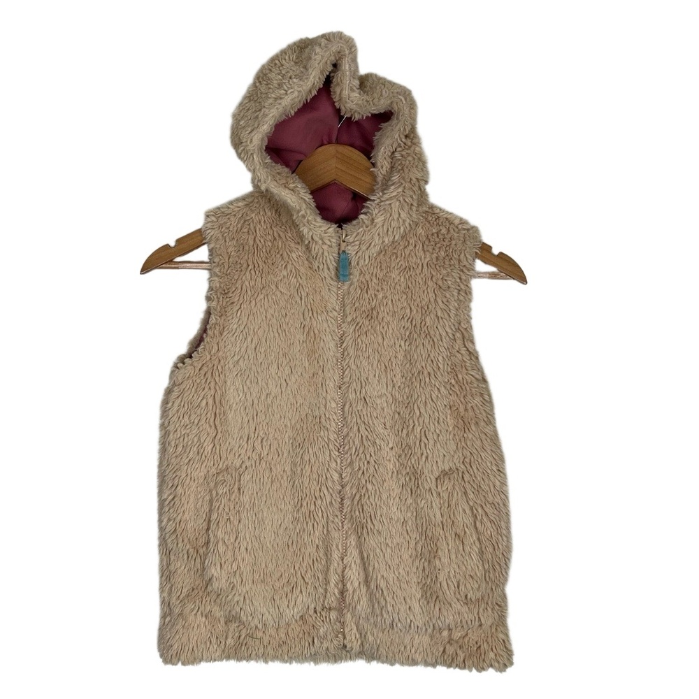 Mini Boden Sherpa Vest Girls Size 9-10 Years Tan Hooded Full Zip Cozy Boho Flaw
